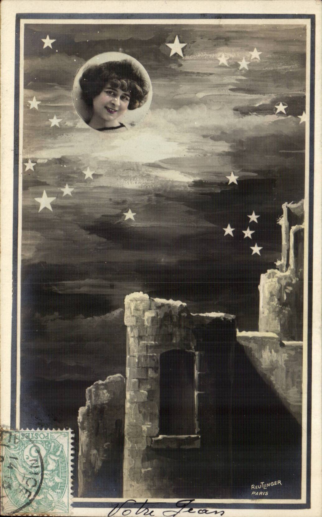 CPA Fantasy Woman Starlight night castle