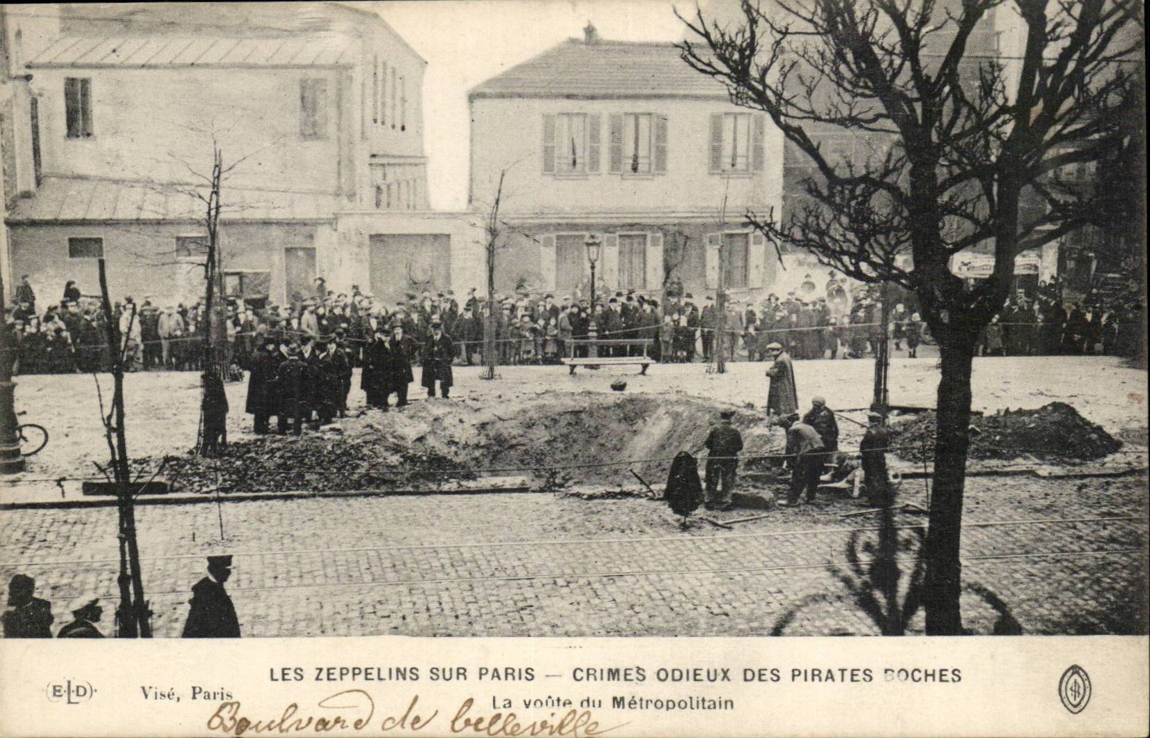 CPA zeppelins on Paris odious Crimes of the boches the vault of the subway boulevard of Belleville