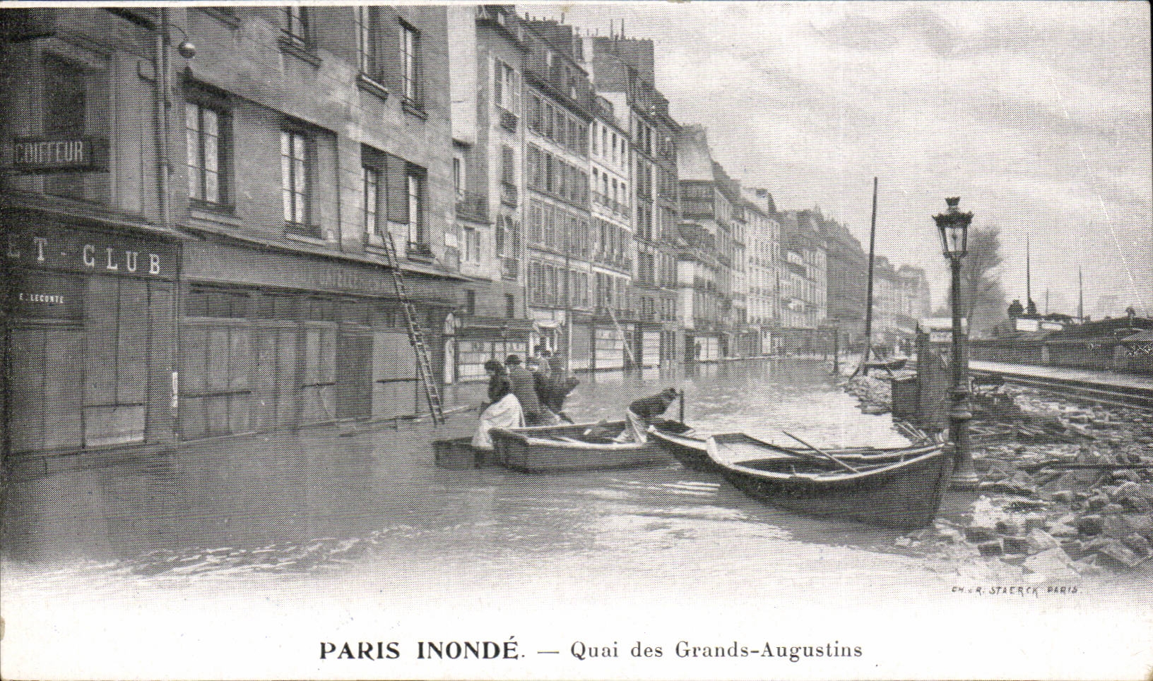 Paris CPA Paris inonde Quai des Grands Auhustins (coiffeur) Publicite Kabiline Teinture de menages