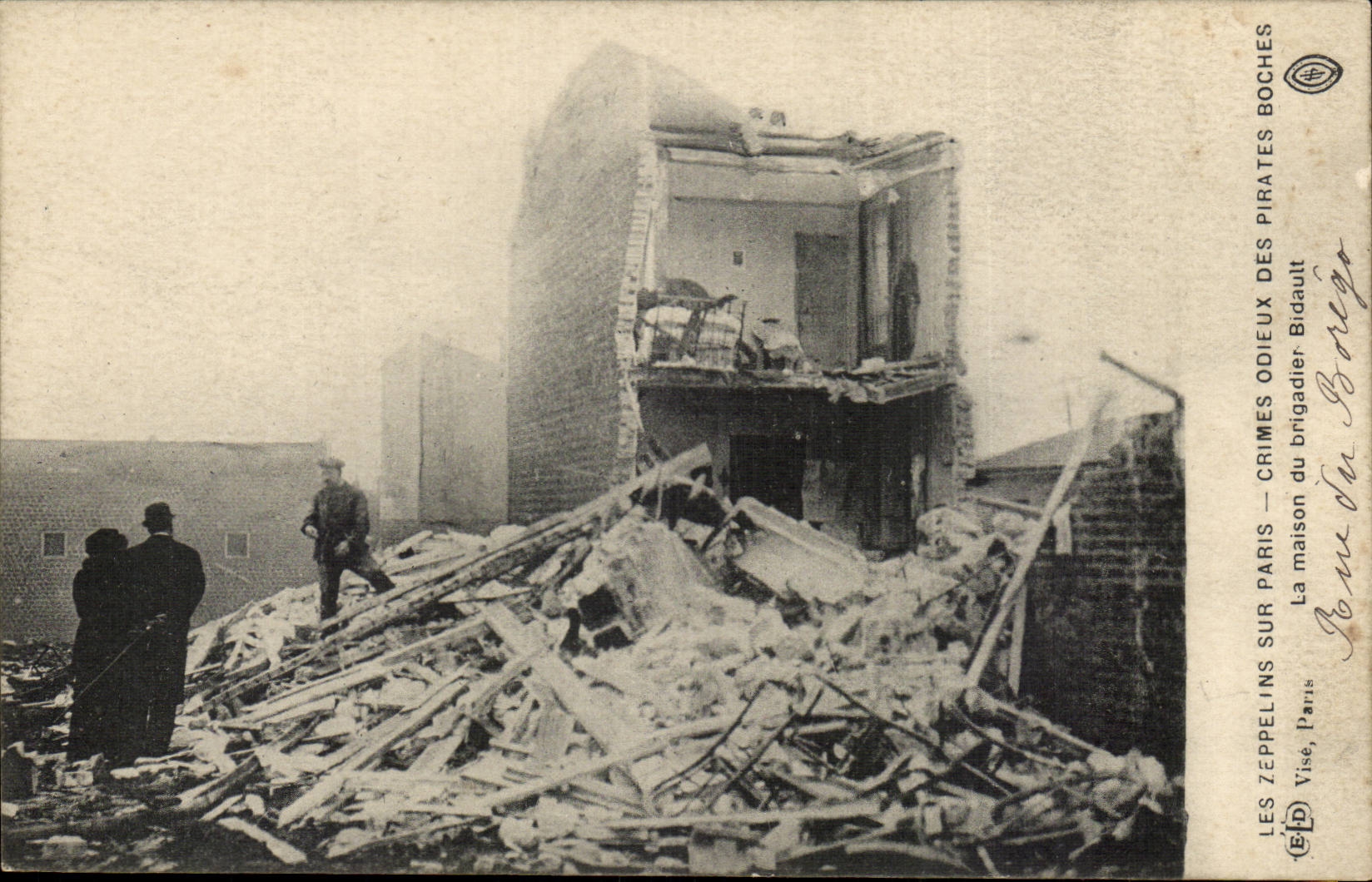 Paris CPA zeppelins on Paris odious Crimes of the boches the house of the sergeant Bidault street of Borego Paris 20th