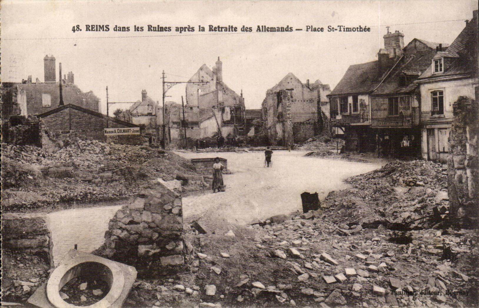 Reims in den Ruinen nach dem Ruhestand deutschen CPA setzt Str Timothee