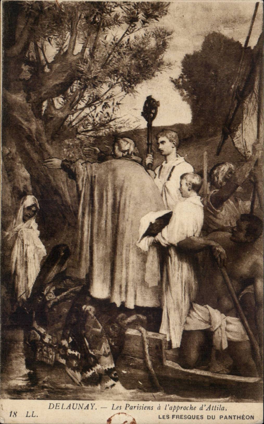 Delaunay CPA les parisiens a l'approche d'Attila (huns) Fresques du Pantheon