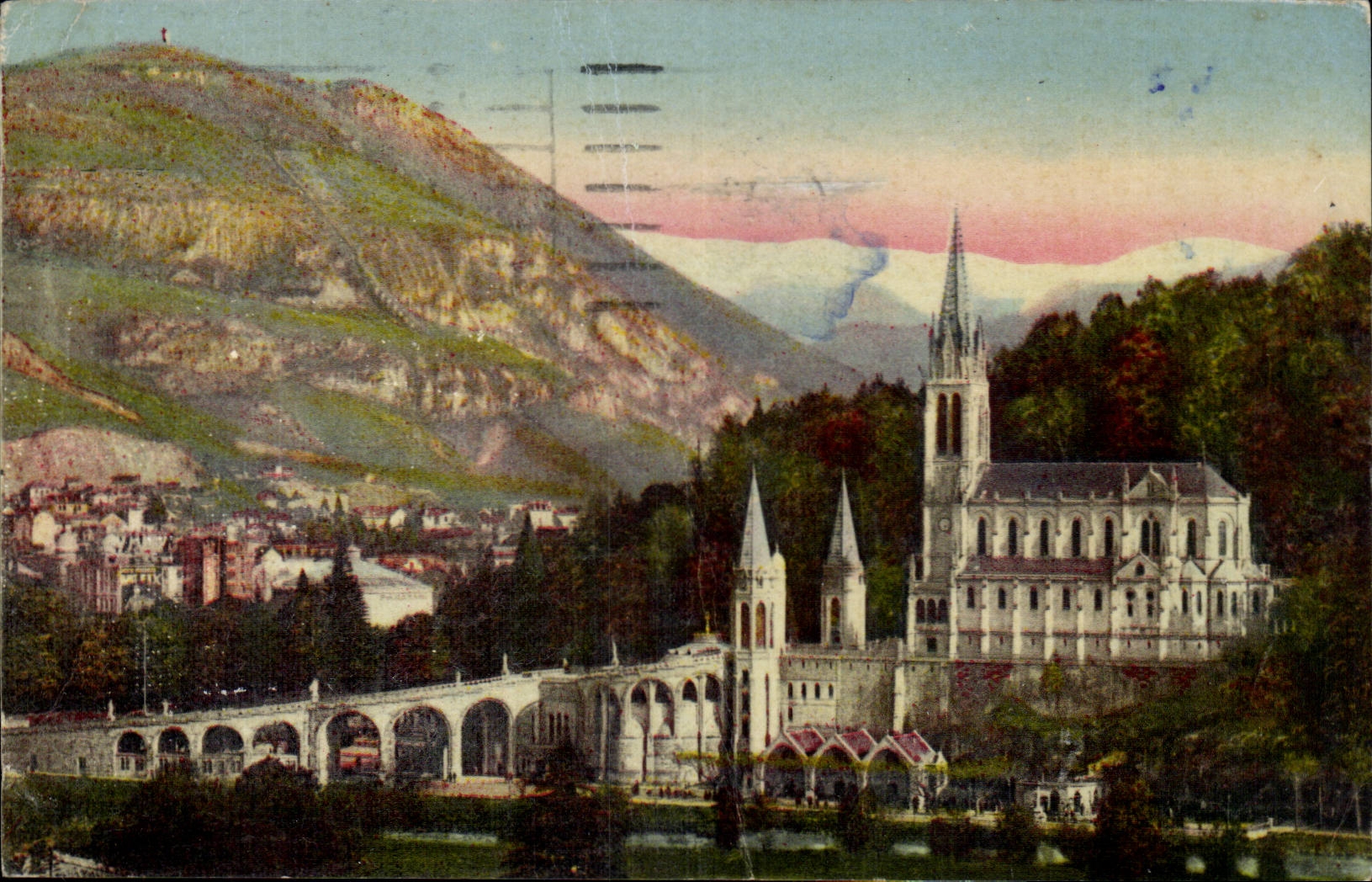 CPA Lourdes the basiliquet and the peak of Jer