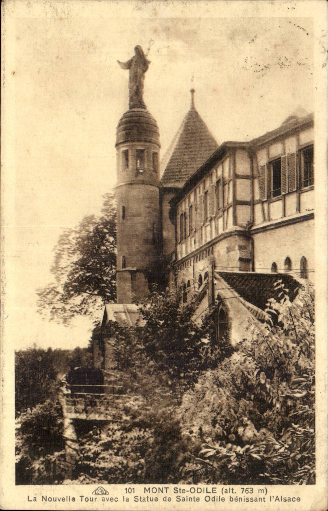 CPA Mont Saint Odile die Nachrichten ragen mit Statue des heiligen Odile-Segens Elsass hoch