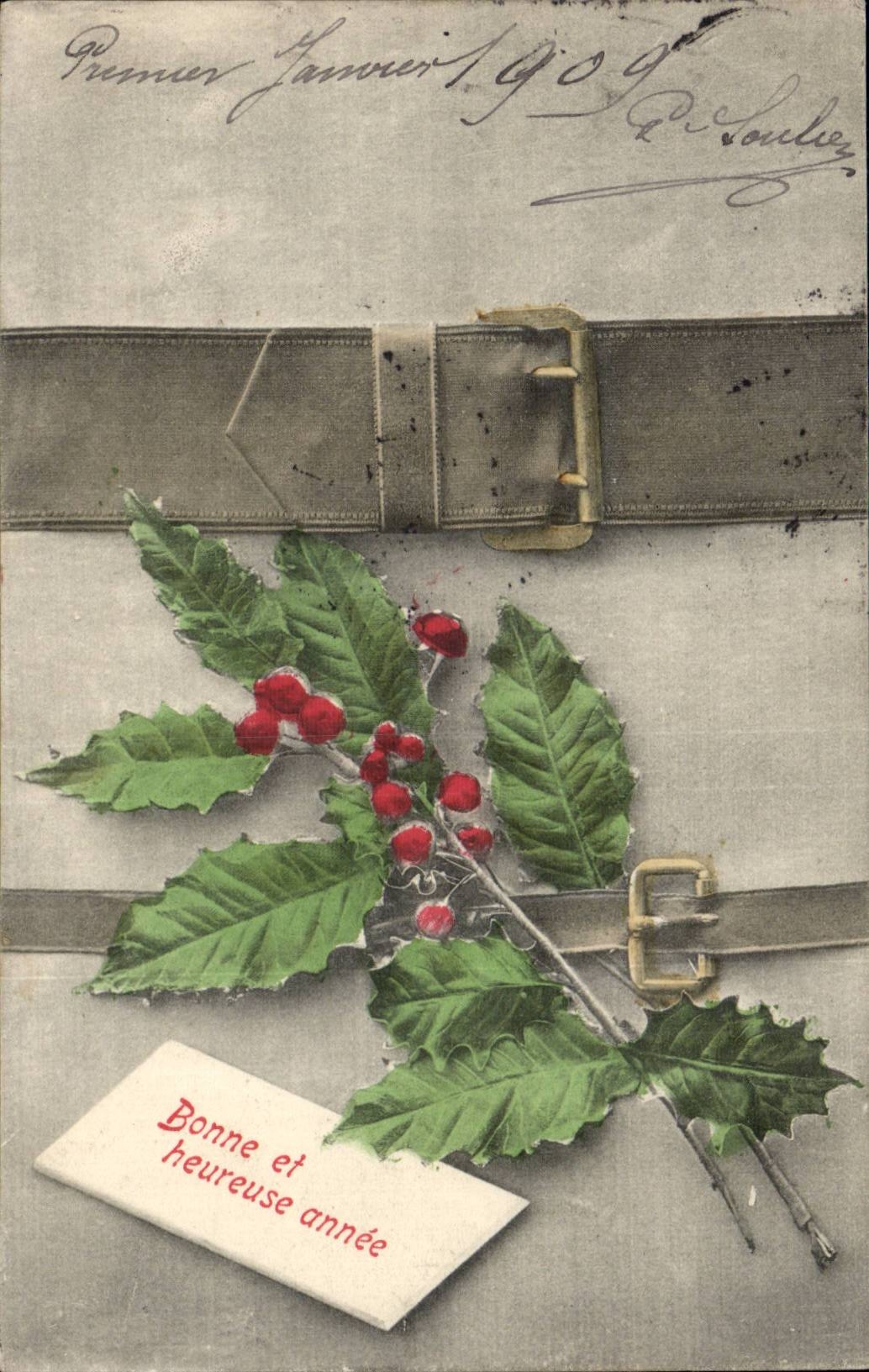 Fetes - Heureuse et Bonne Annee - houx - ceinture - holly - belt CPA 