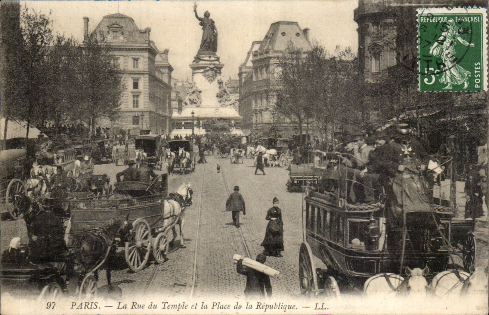 Paris CPA the street of the Temple and the place of the Republic (trams) TOP