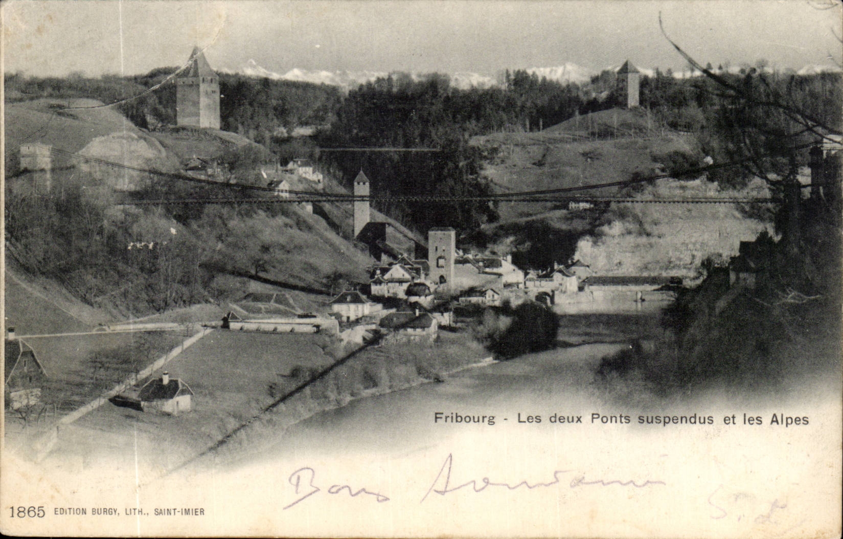 Suisse Fribourg CPA Les deux ponts suspendus et les Alpes