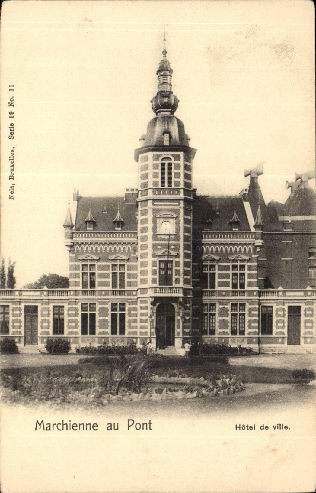 Belgie Belgium Marchienne with bridge CPA Town hall