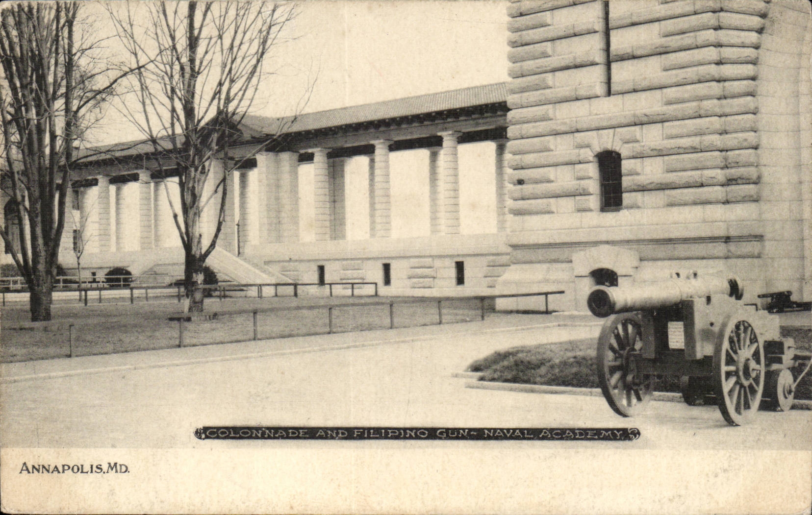 The United States CPA Annapolis MANDELEVIUM Colonnade and Filipino Gun Naval academy gun