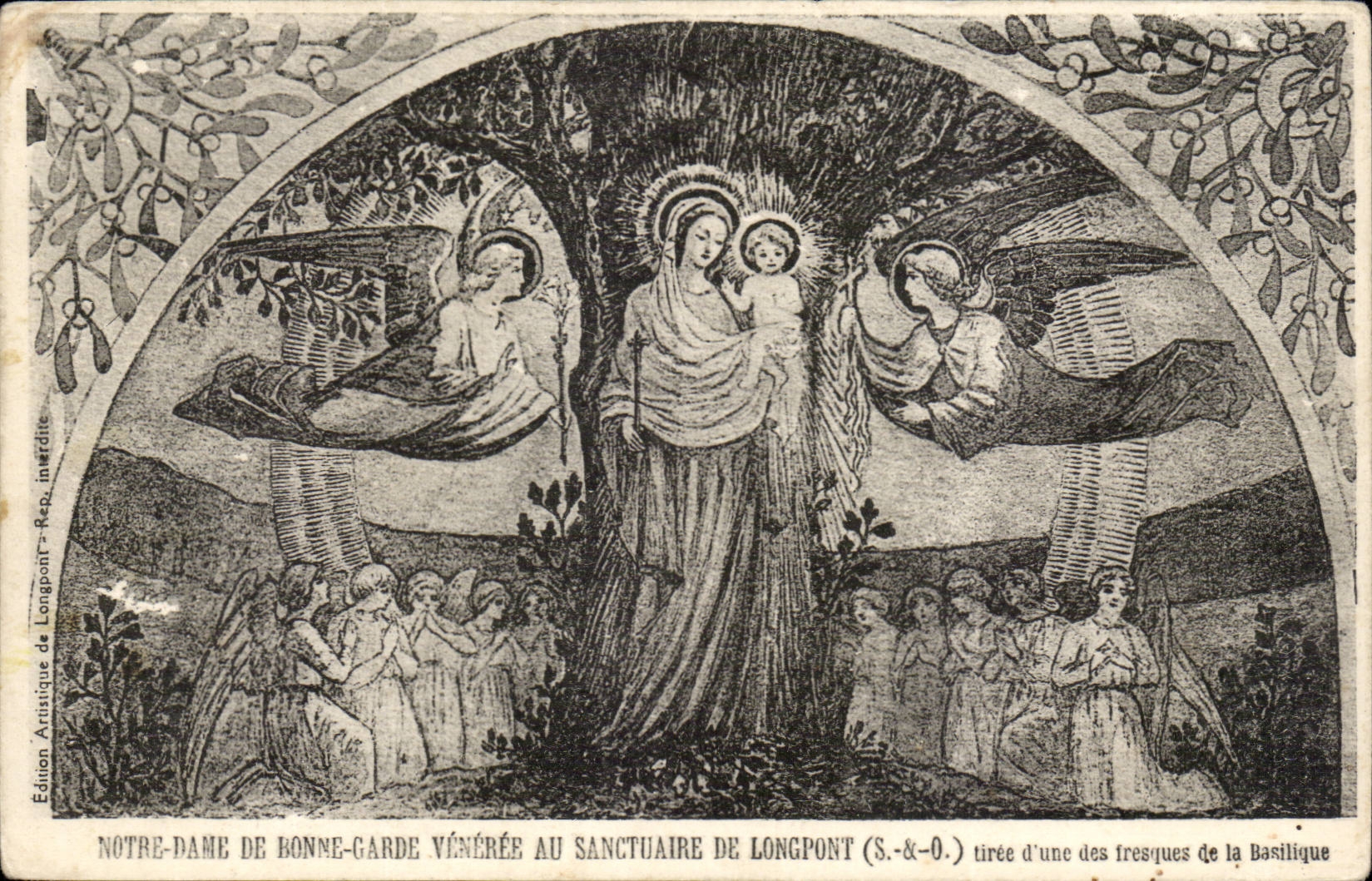 CPA Notre Dame de Bonne Garde veneree au sanctuaire de Longpont tiree d'une dces gravures de la basilique
