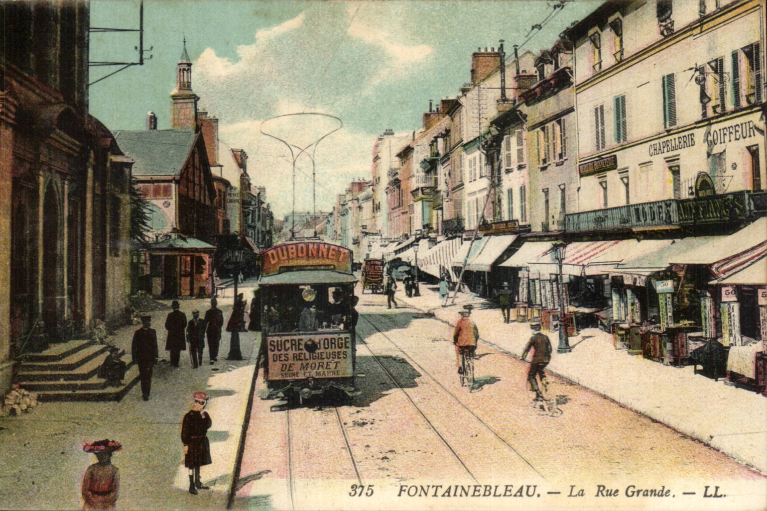 Fontainebleau - the Large Street - tram - bicycle - bicycle - sugar - Dubonnet - CPA