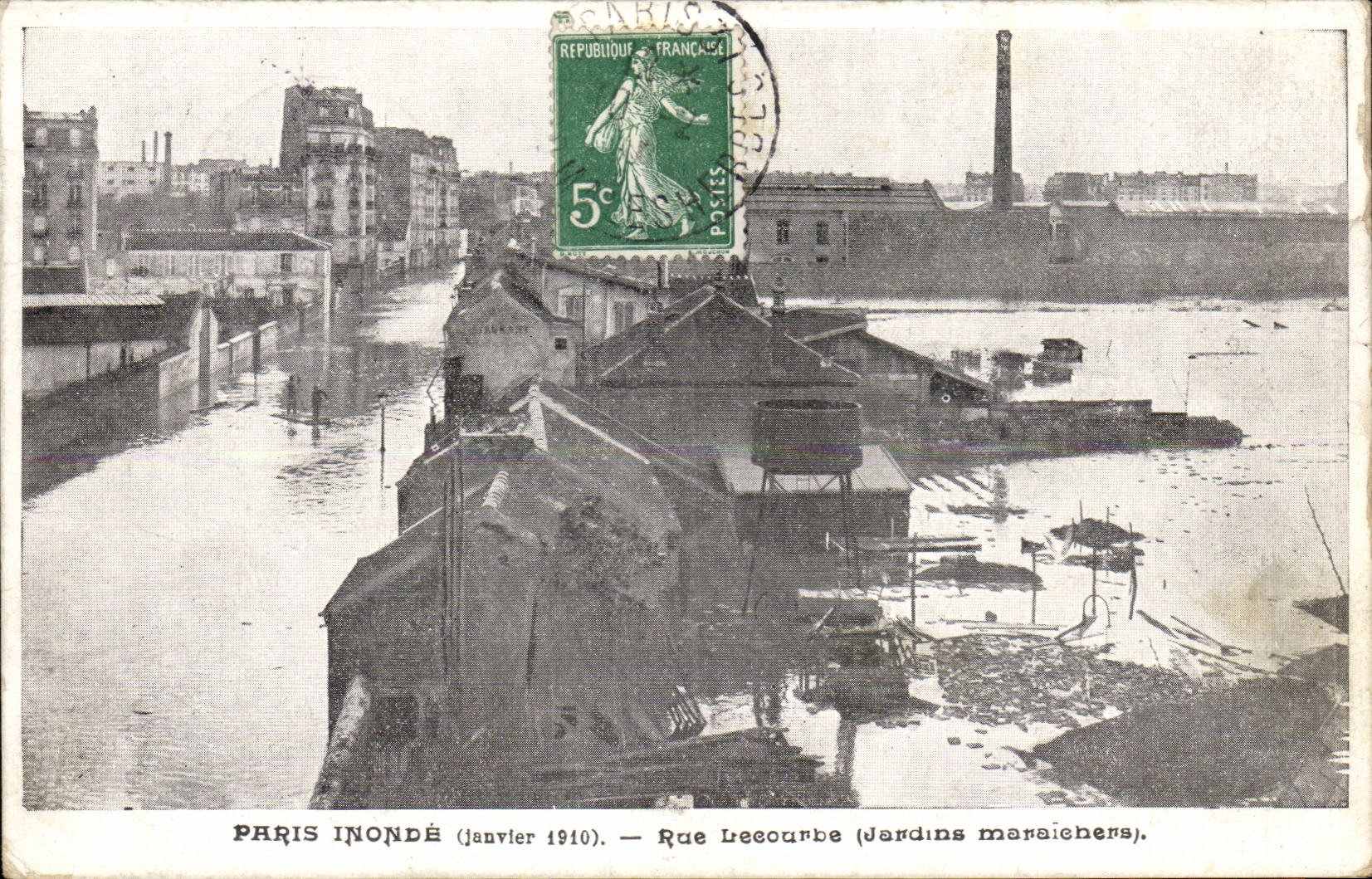Raw Paris CPA of the Seine Floods 1910 Rue lecourbe (truck farms)