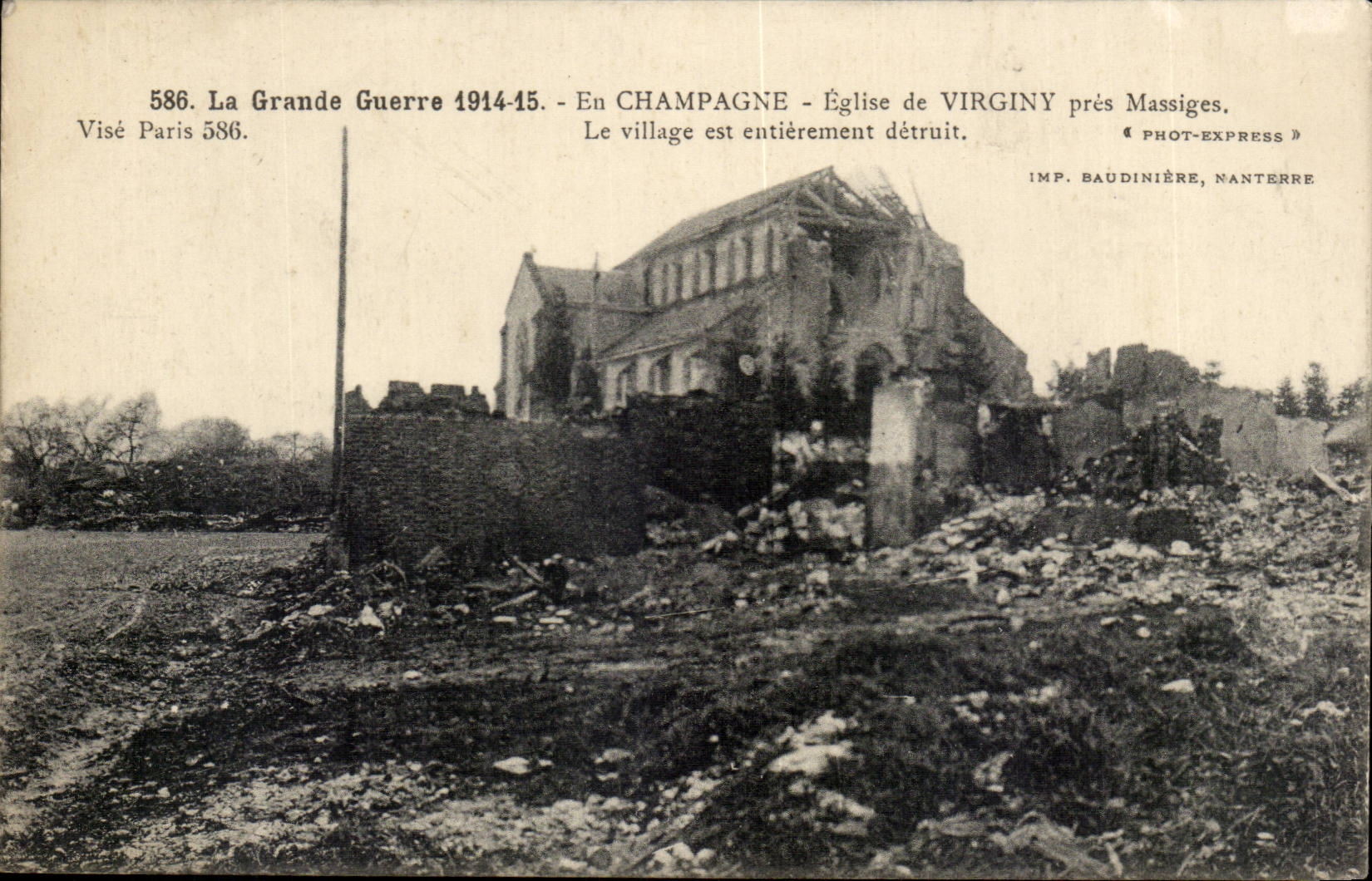 The Champagne Church Great War of Virginy close Massiges CPA the village is entirely destroyed