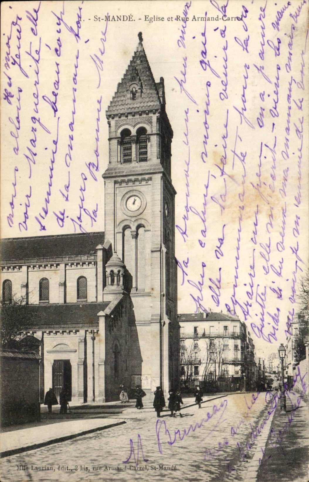 Saint Mande CPA Church and street Armand Carre