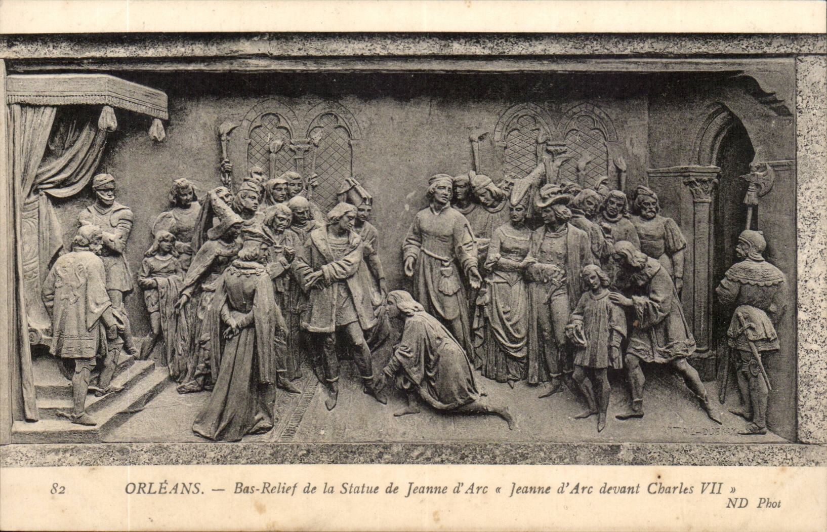 Low Orleans CPA reliefs of Statue of Jeanne of arc Jeanne in front of Charles VII