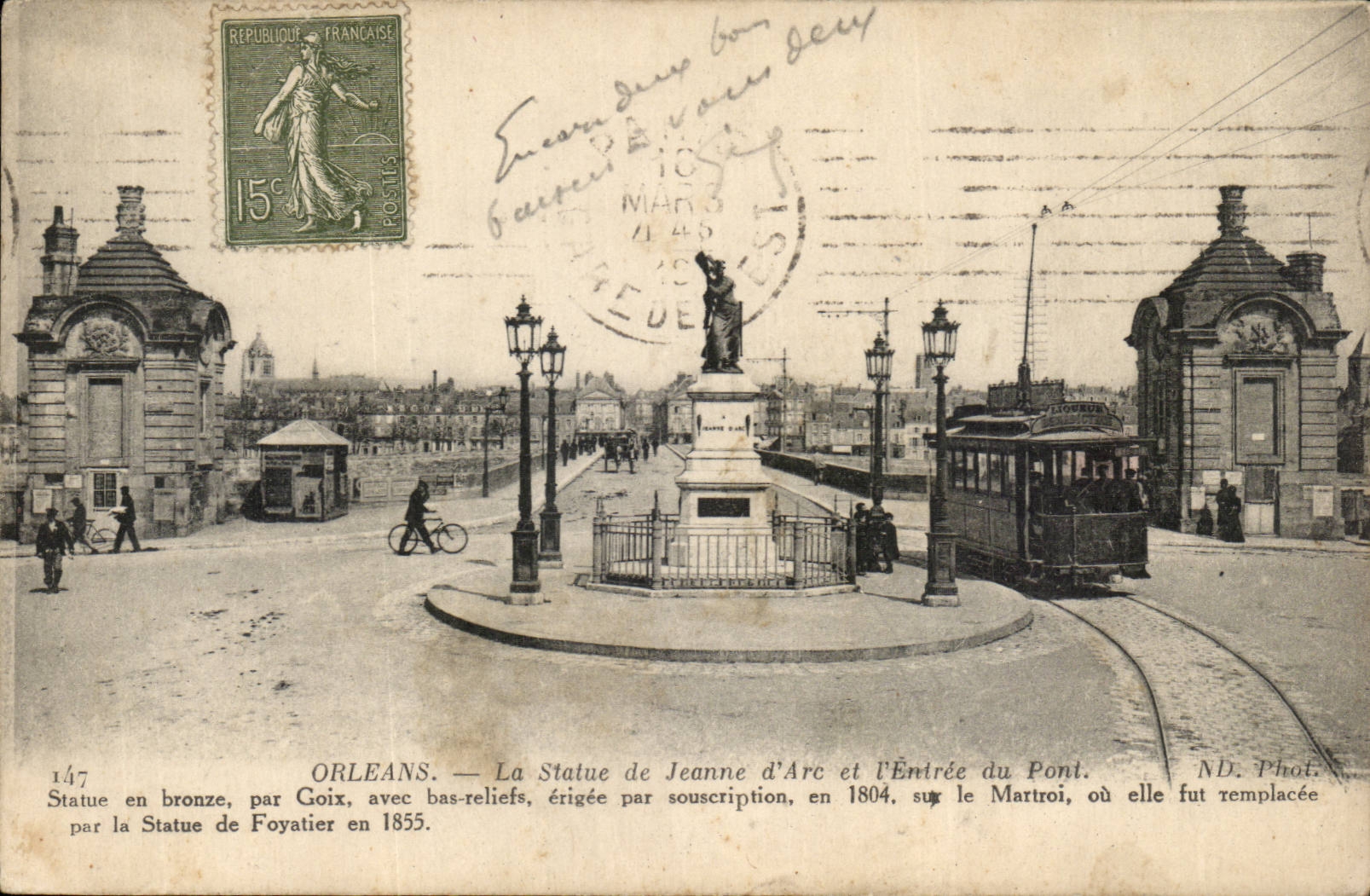 Orleans CPA Statue of Jeanne of arc and Entering of the bridge (tram)