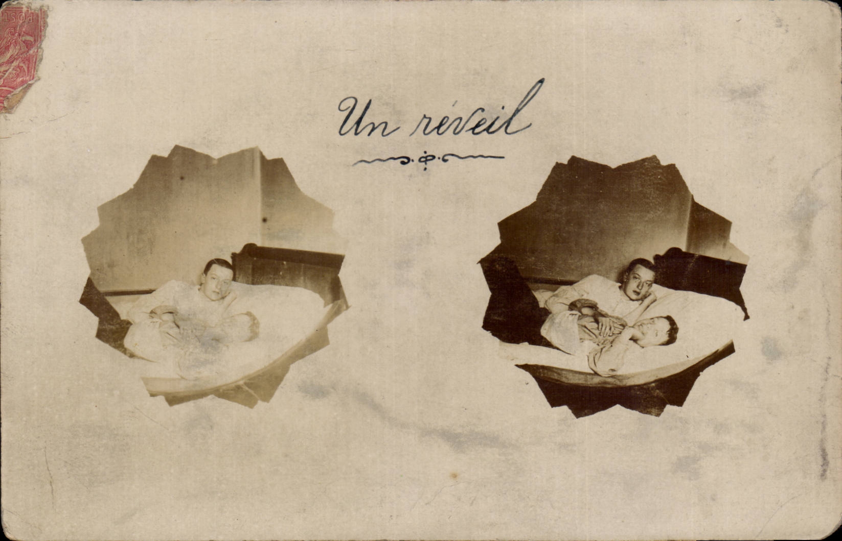 Real photo young men an alarm clock (St Gaudens family CRubilhe Toulouse data base of Arcole)