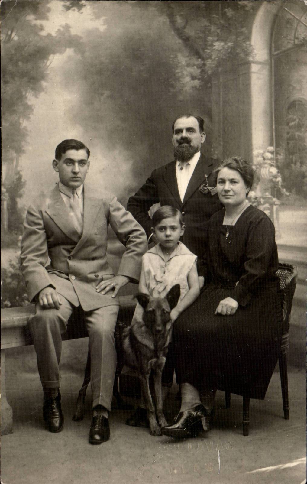 Real photo Family and dog (folklore costume)