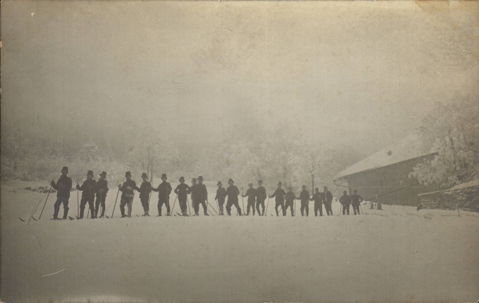 Real photo Folklore costume men under snow in top hat