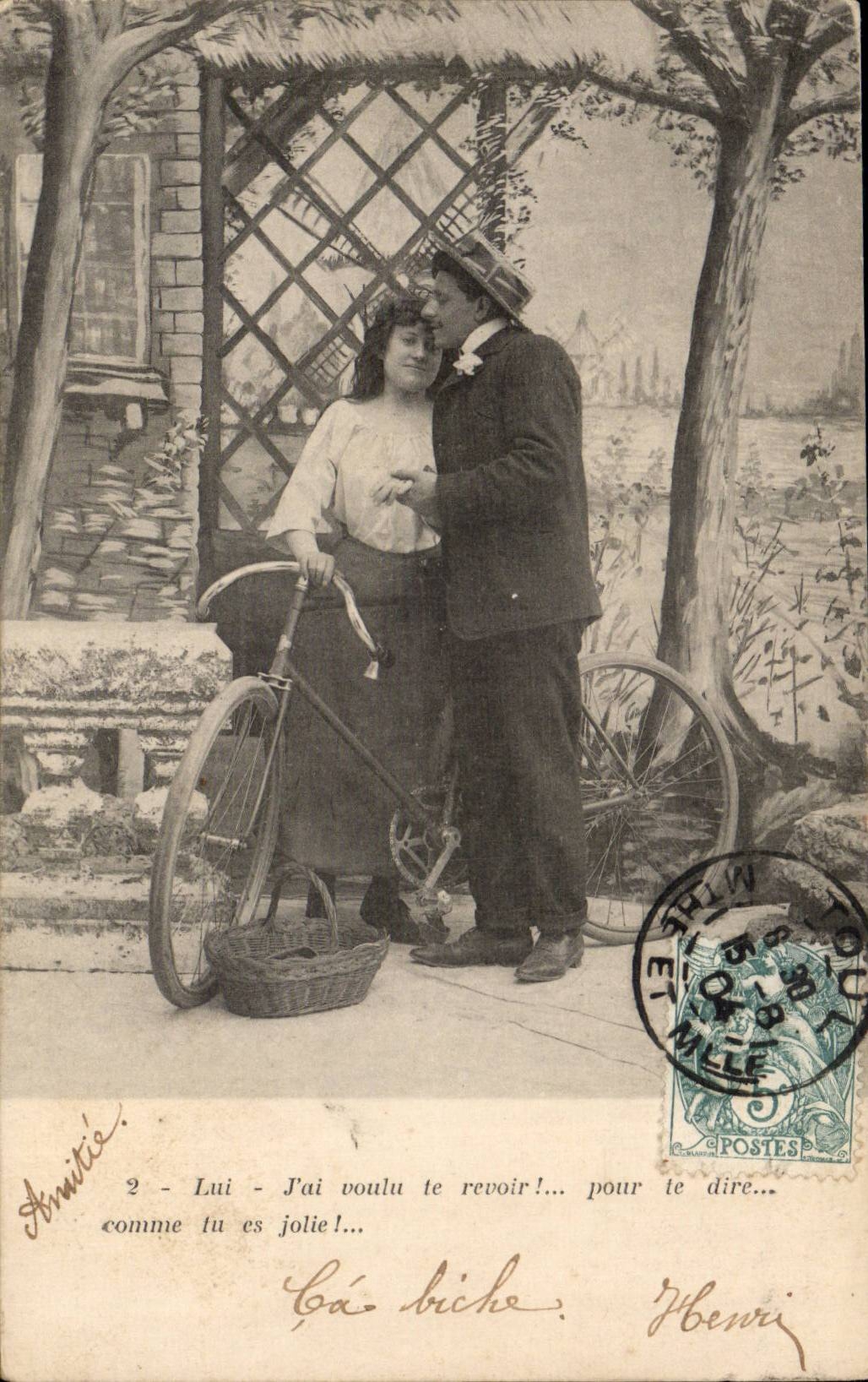 Fantaisie - Couple - velo - cycliste - J'ai voulu te revoir pour te dire comme tu es jolie - CPA