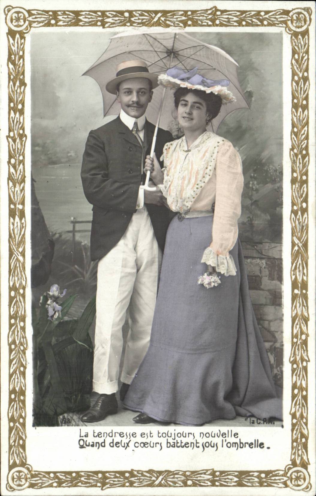 Fantaisie - Couple - La tendresse est toujour nouvelle Quand deux coeurs battent sous l'ombrelle - dore - CPA 