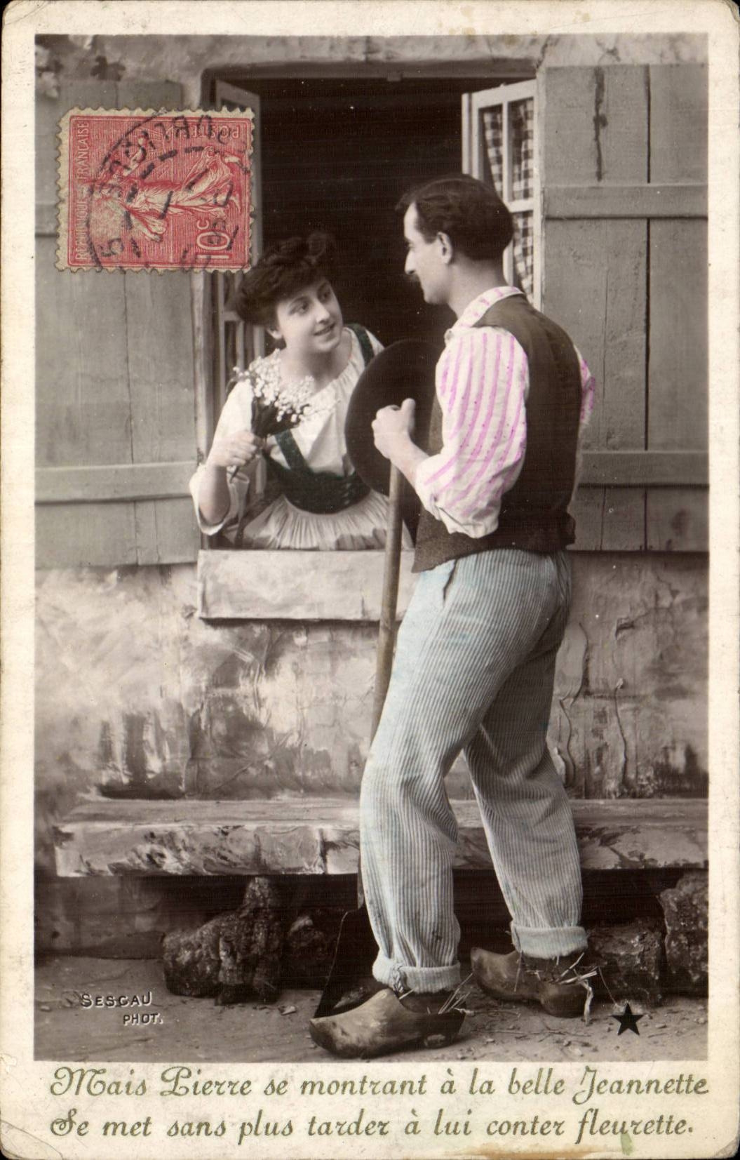 Fantaisie - Couple - Mais Pierre se montrant a la bele Jeannette Se met sans tarder a lui conter fleurette - CPA 