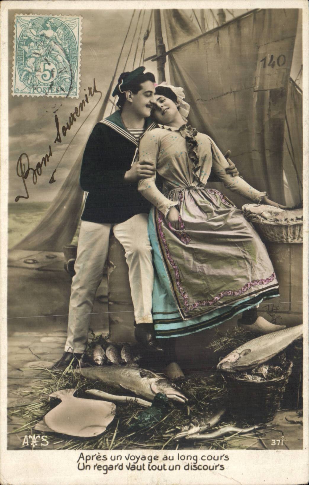Fantaisie - Couple - Apres un voyage au long cours un regard vaut tout un discours - poisson - la peche - CPA 