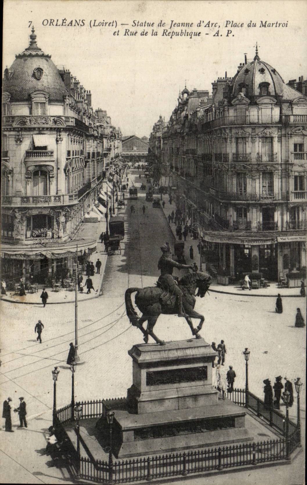 Orleans CPA Statue of Jeanne of arc Places of Martroi and street of the Republic