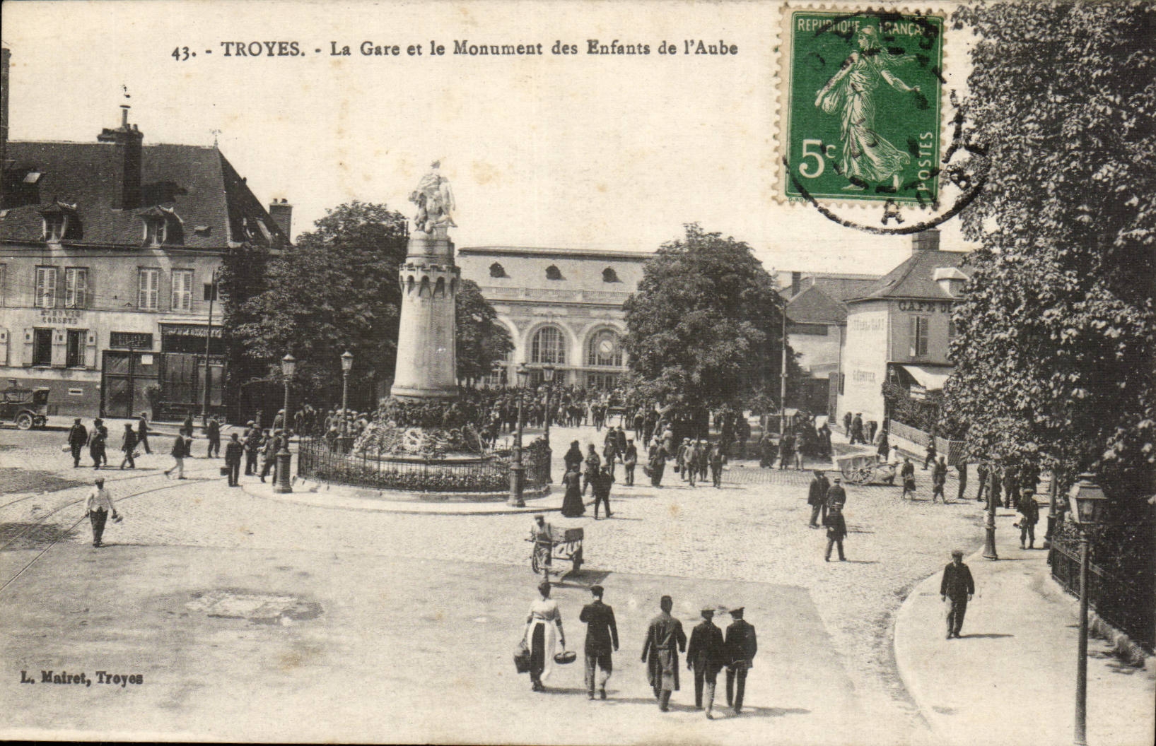 TRoyes CPA Train station and the monument of the children of the Paddle