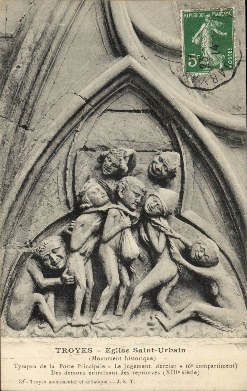 TRoyes CPA Eglise St Urbain Tympan of the principal door last Judgment demons involving of reject