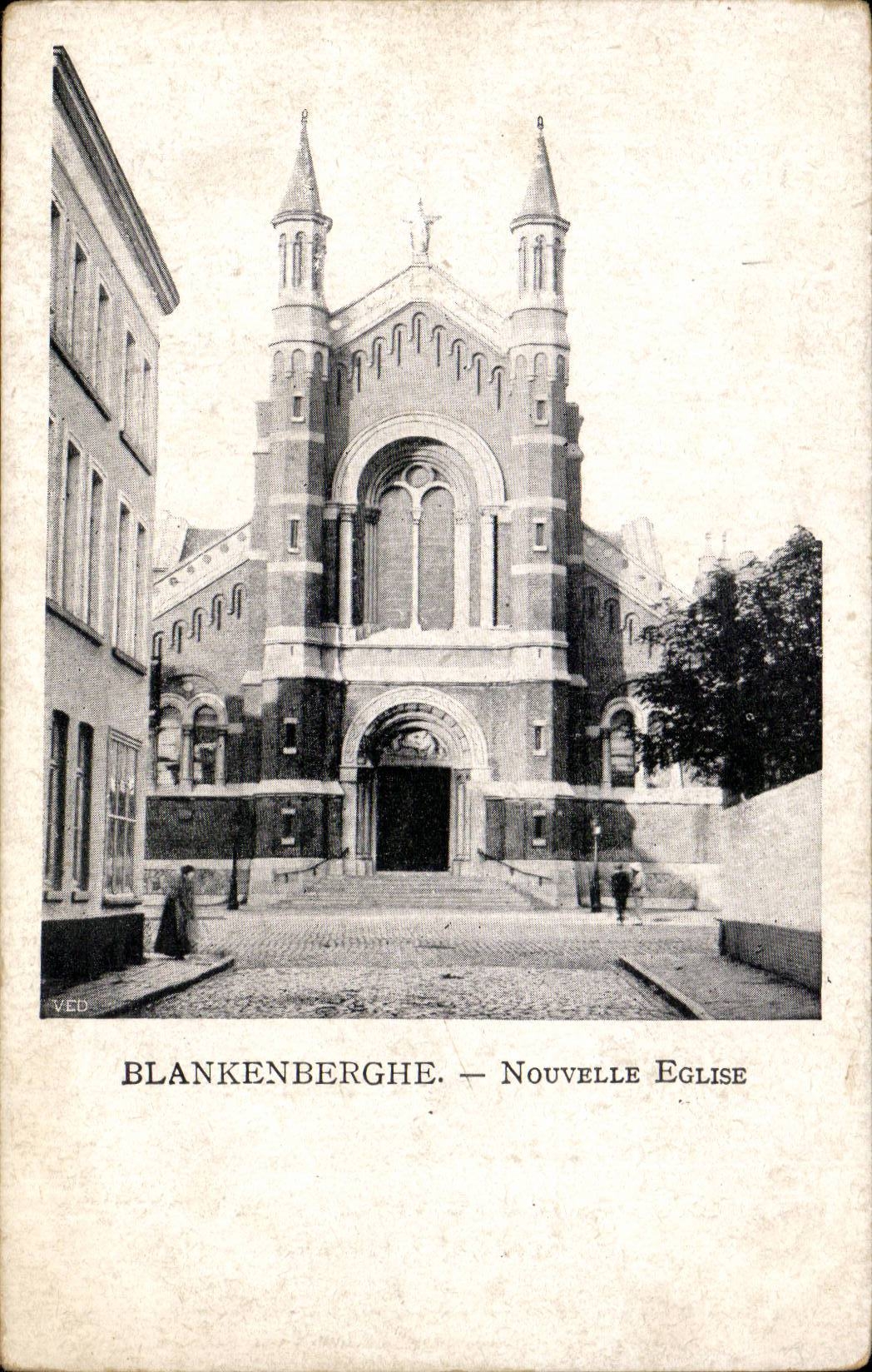 Belgie Belgium CPA Blankenberghe New church + publicity Large Belgian galleries 20 rue de l' church