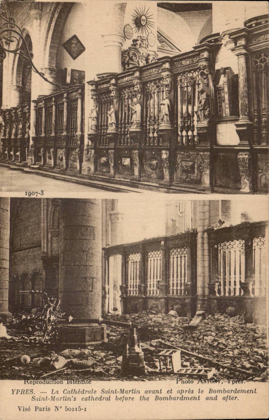 CPA Belgium Ypres the cathedral Saint Martin before and after the bombardment