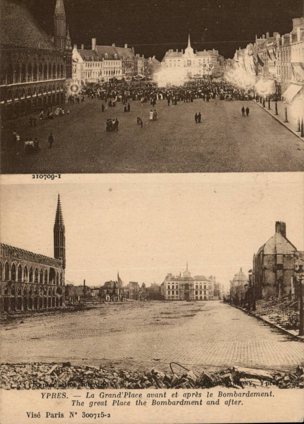CPA Belgium Ypres the large one places before and after the bombardment