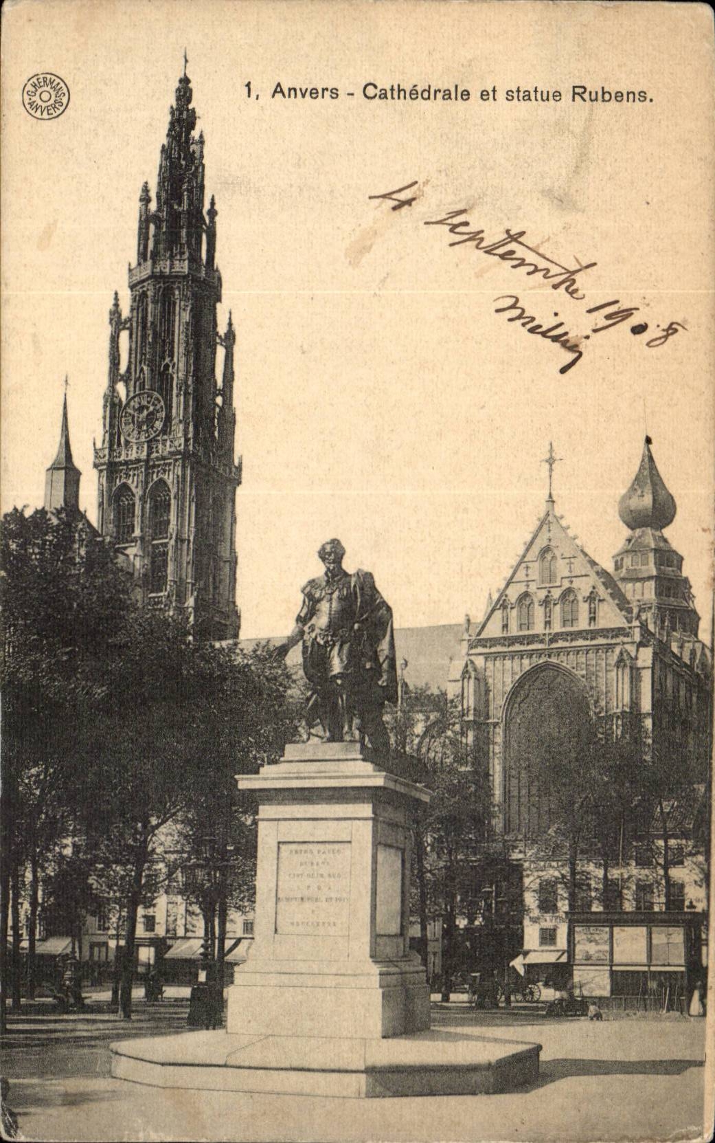 CPA Belgien Antwerpen Kathedrale und Statue Rubens