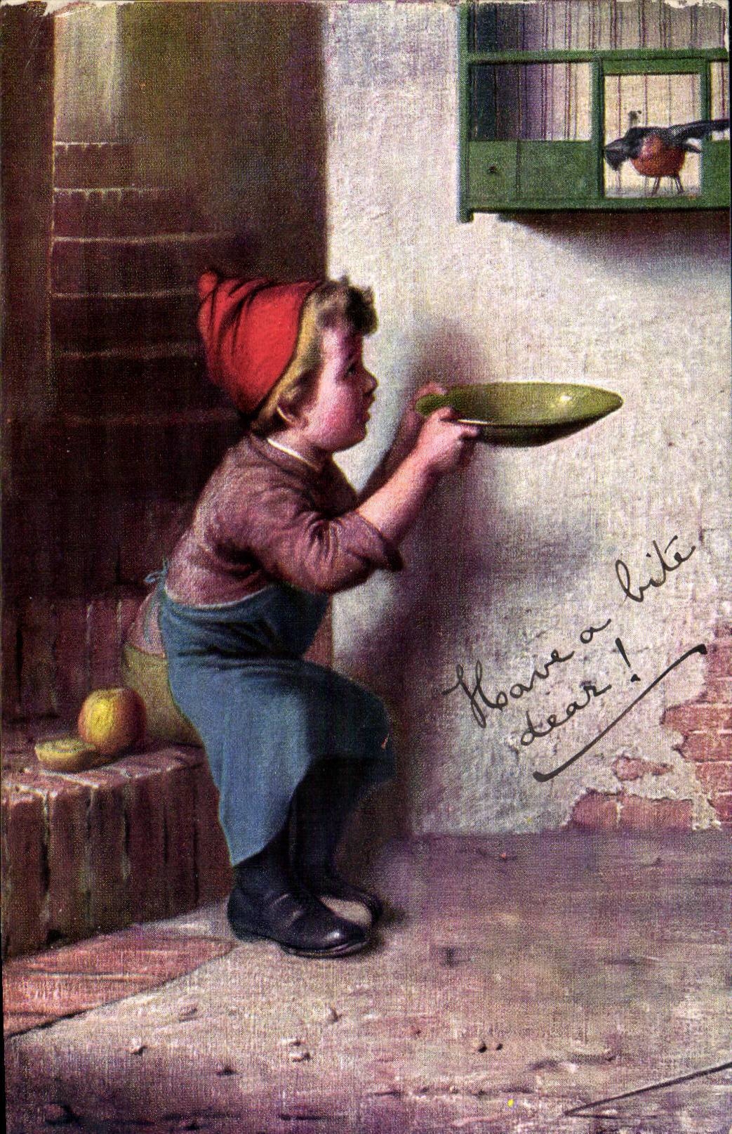 Grande Bretagne Great BRitain CPA Enfant Peinture Have a bite dear oiseau