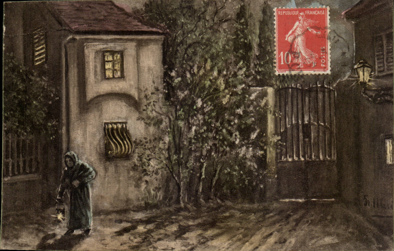 Arts - Tableau - Femme avec lanterne - CPA 