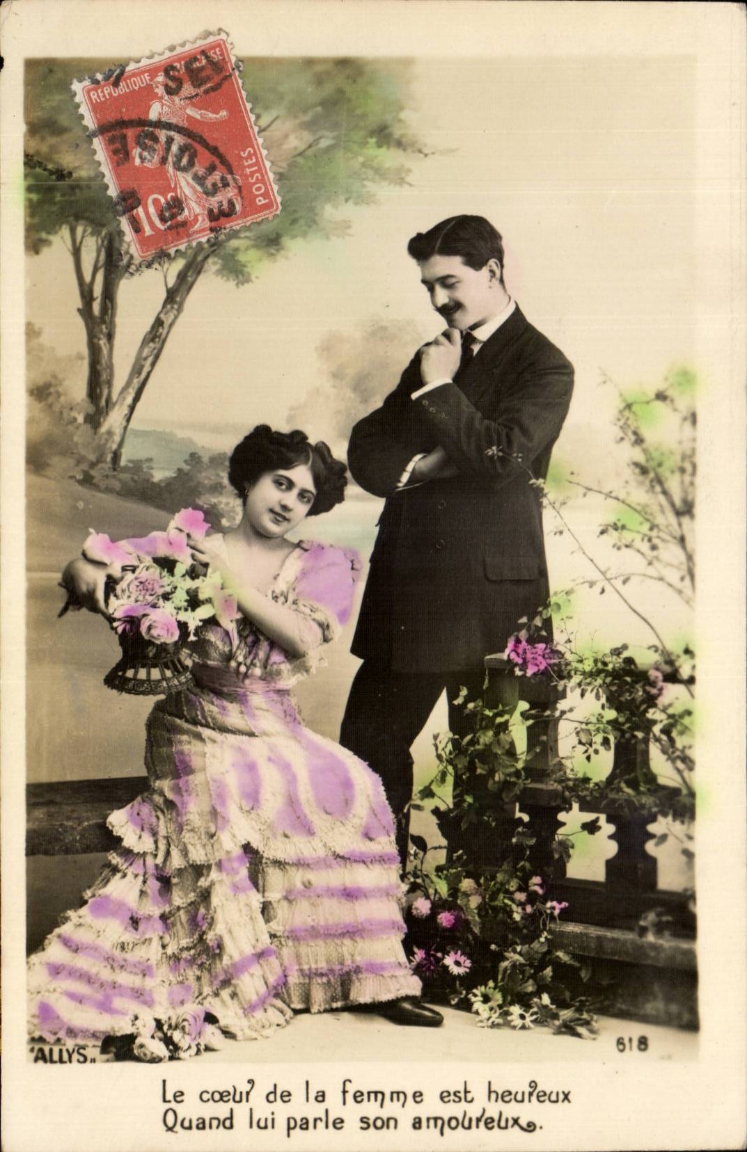 Fantaisie - Couple - Le Coeur de la femme est heureuse Quand lui parle son amoureux - CPA
