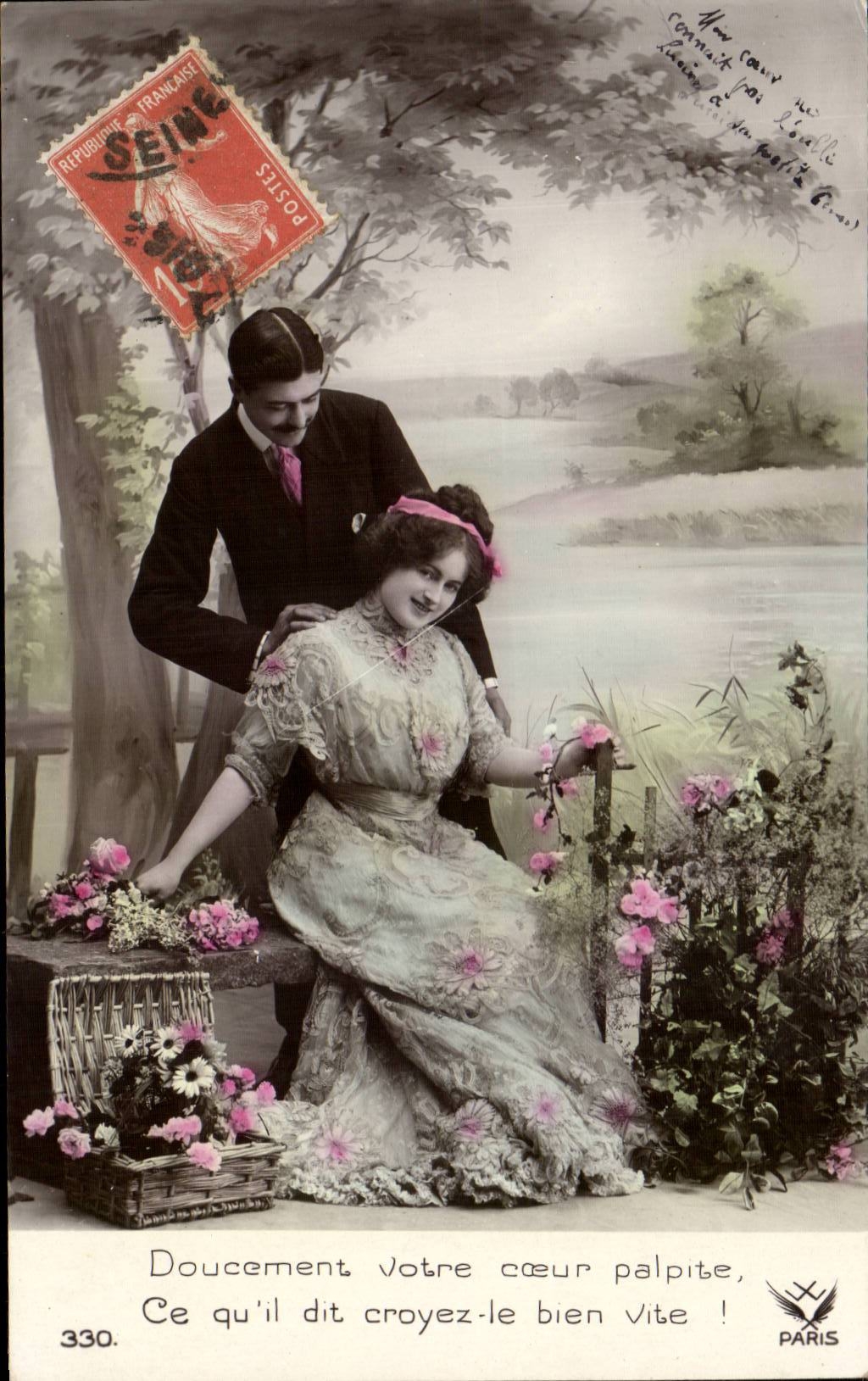 Fantaisie - Couple - Doucement votre coeur palpite ce qu'i dit croyez le bien vite - CPA 
