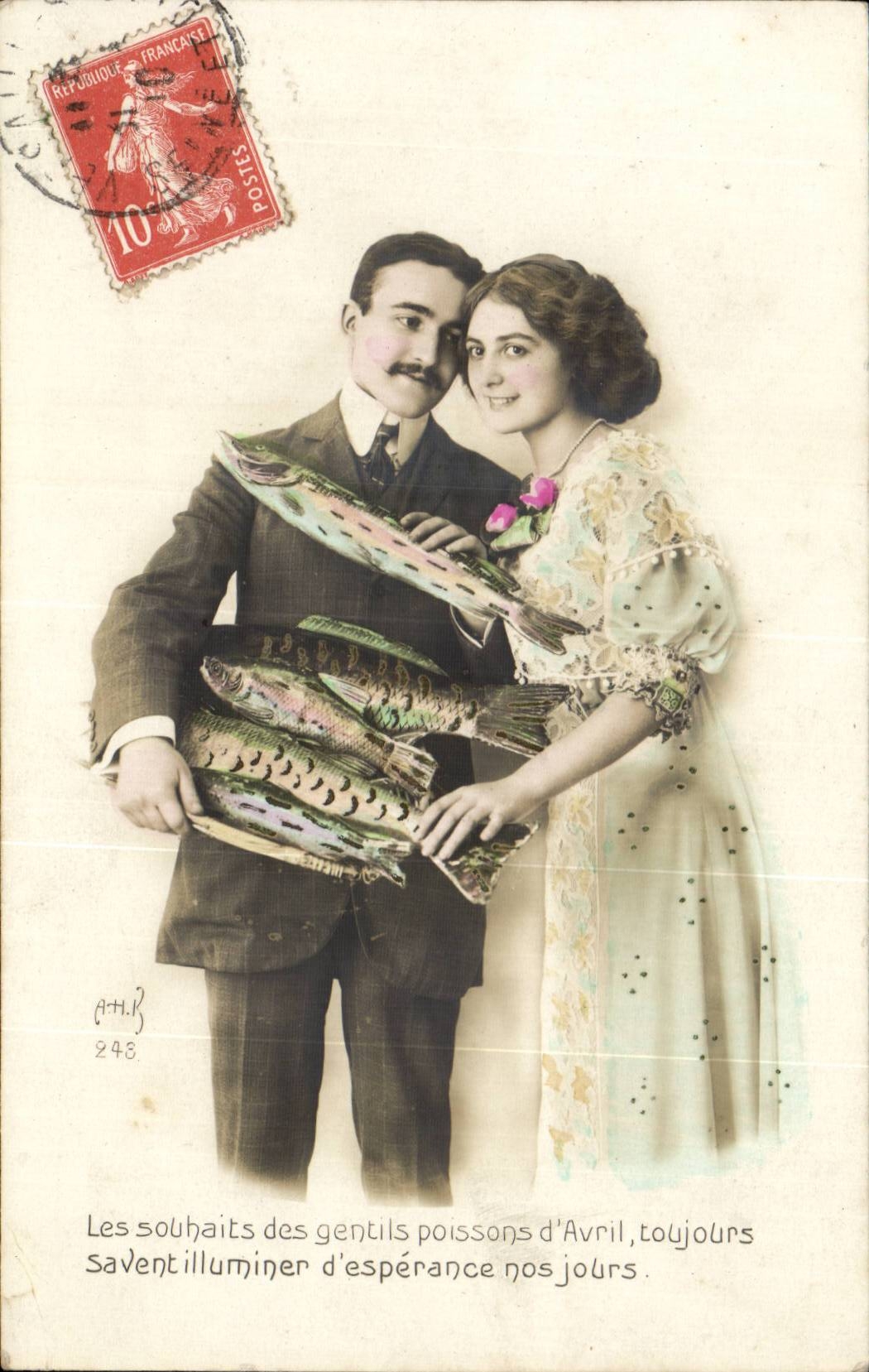 Phantasie - Paar - 1 April - Poisson von April - Wunsche der netten Fische - CPA