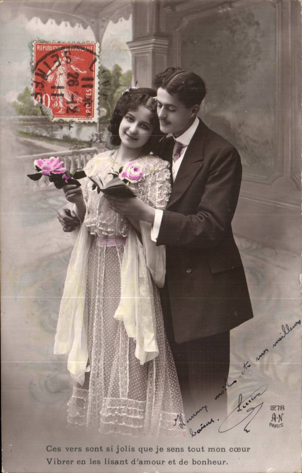 Fantaisie - Couple - Ces vers sont si jolie que je sens tout mon coeur - CPA 