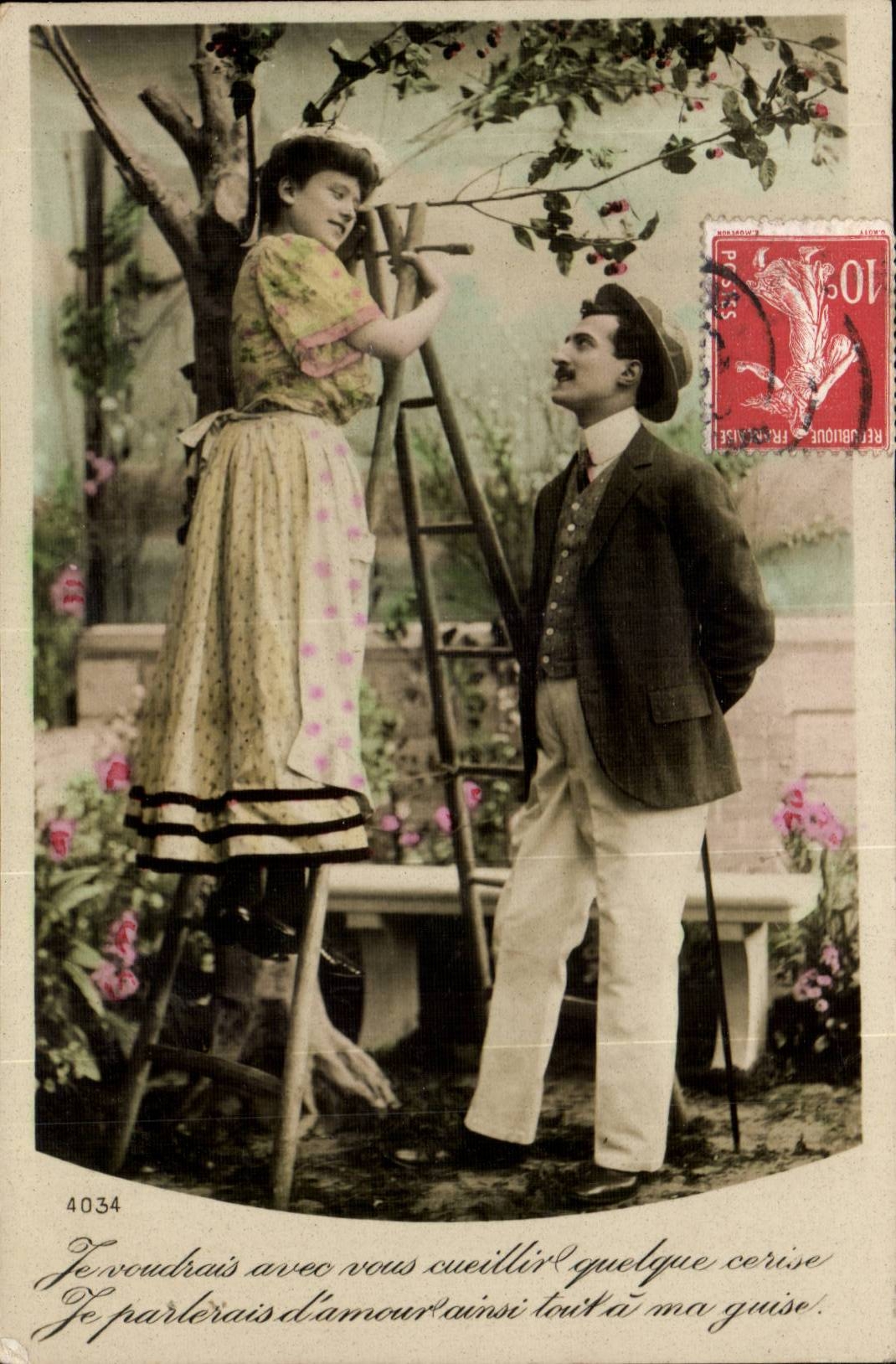 Fantaisie - Couple - Cerise - Je vous avec vous cueiller quelque cerise - CPA 