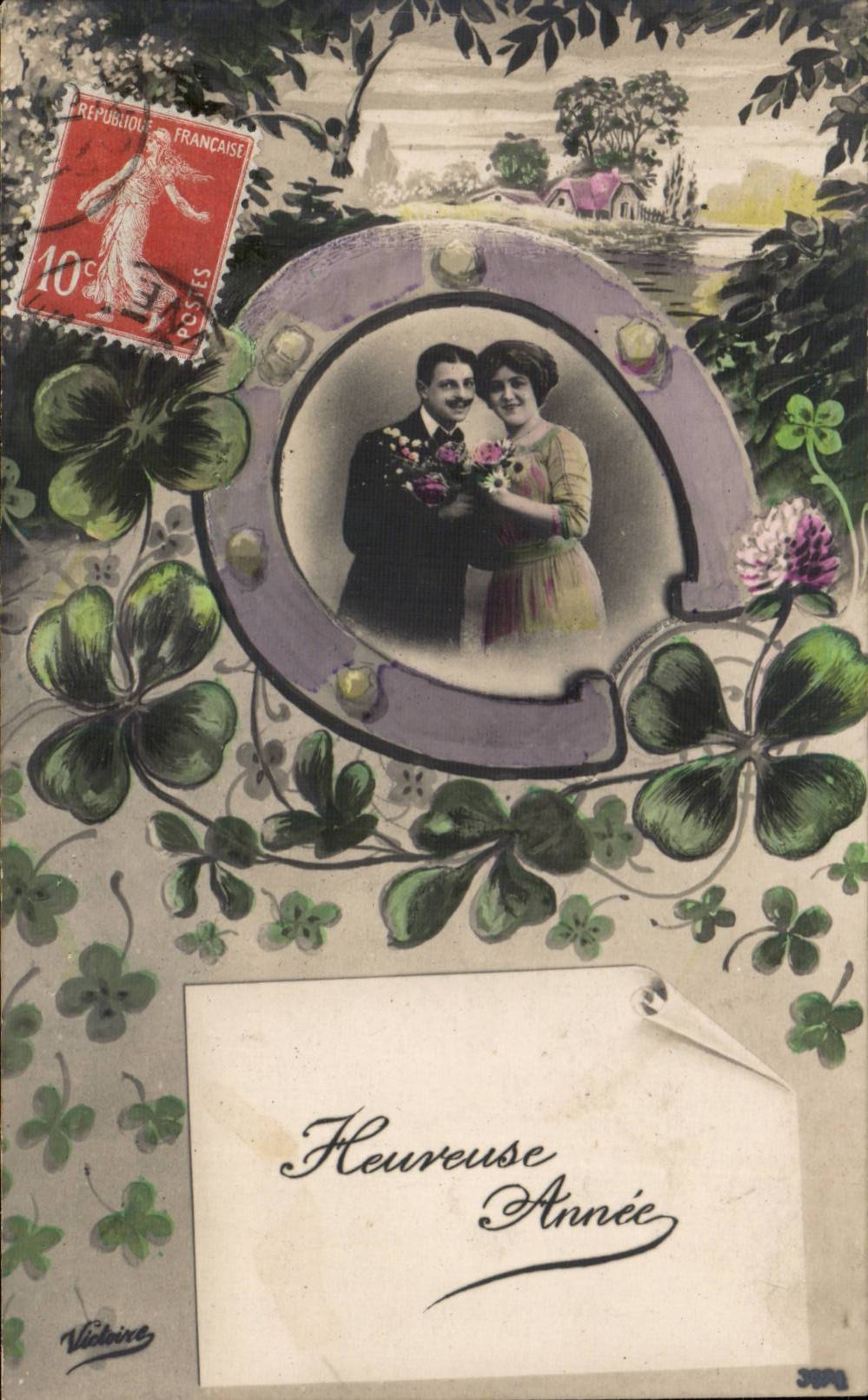 Couple - Fete - Heureuse Annee - Trefle a quatre feuilles - four leaf clover - lucky charm - CPA