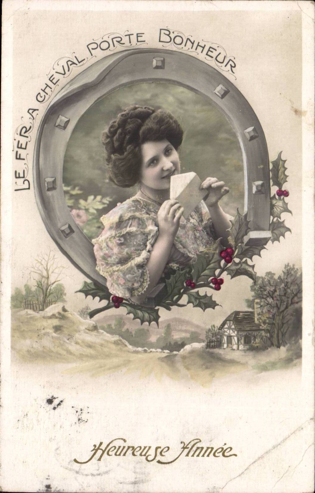 Fantasy - Pretty Woman - Woman licking her post - lucky card - the Horseshoe Gate Happiness - Happy Year - CPA -