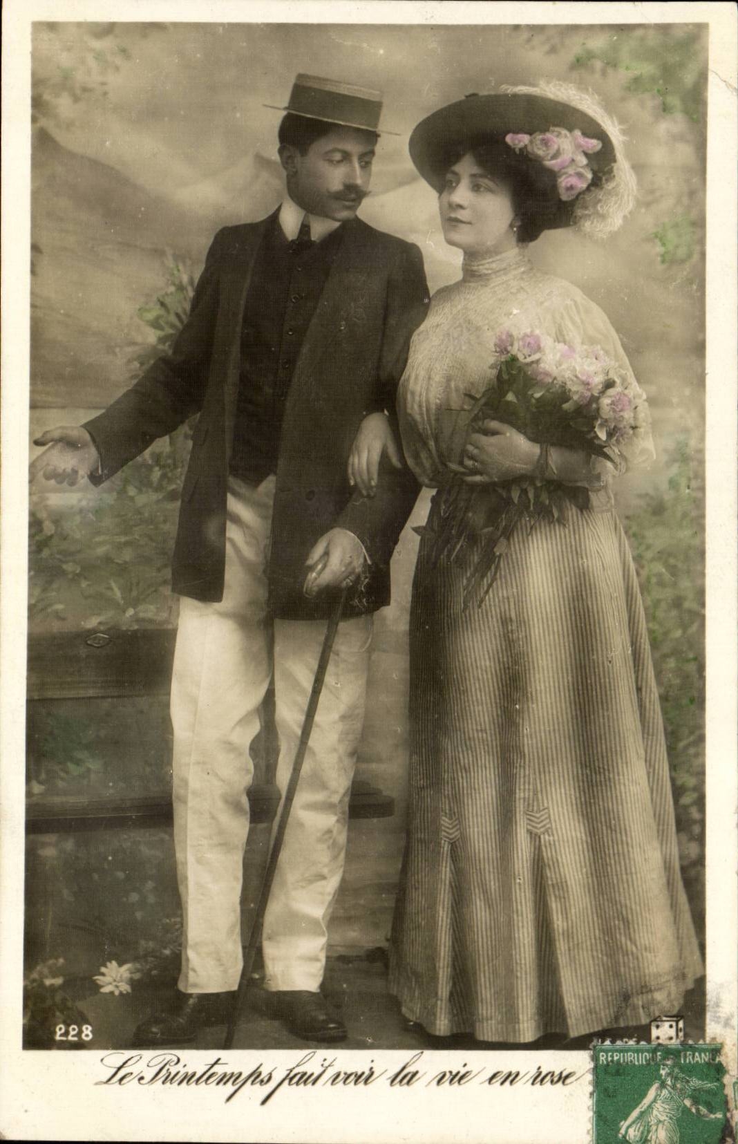 Fantaisie - Couple - Le Printemps fait voir la vie en rose - CPA -