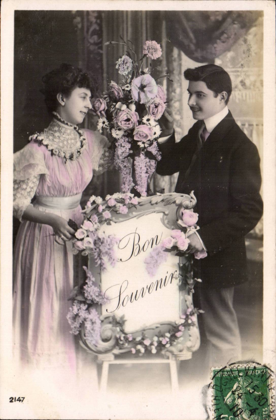Fantaisie - Couple - Bon Souvenir - CPA -