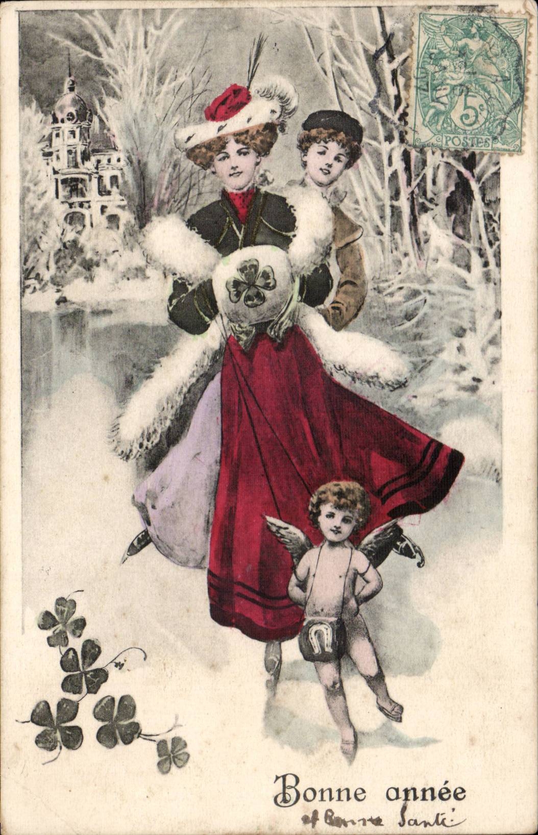 CPA Fantasy Woman and children (angel horseshoe angel)