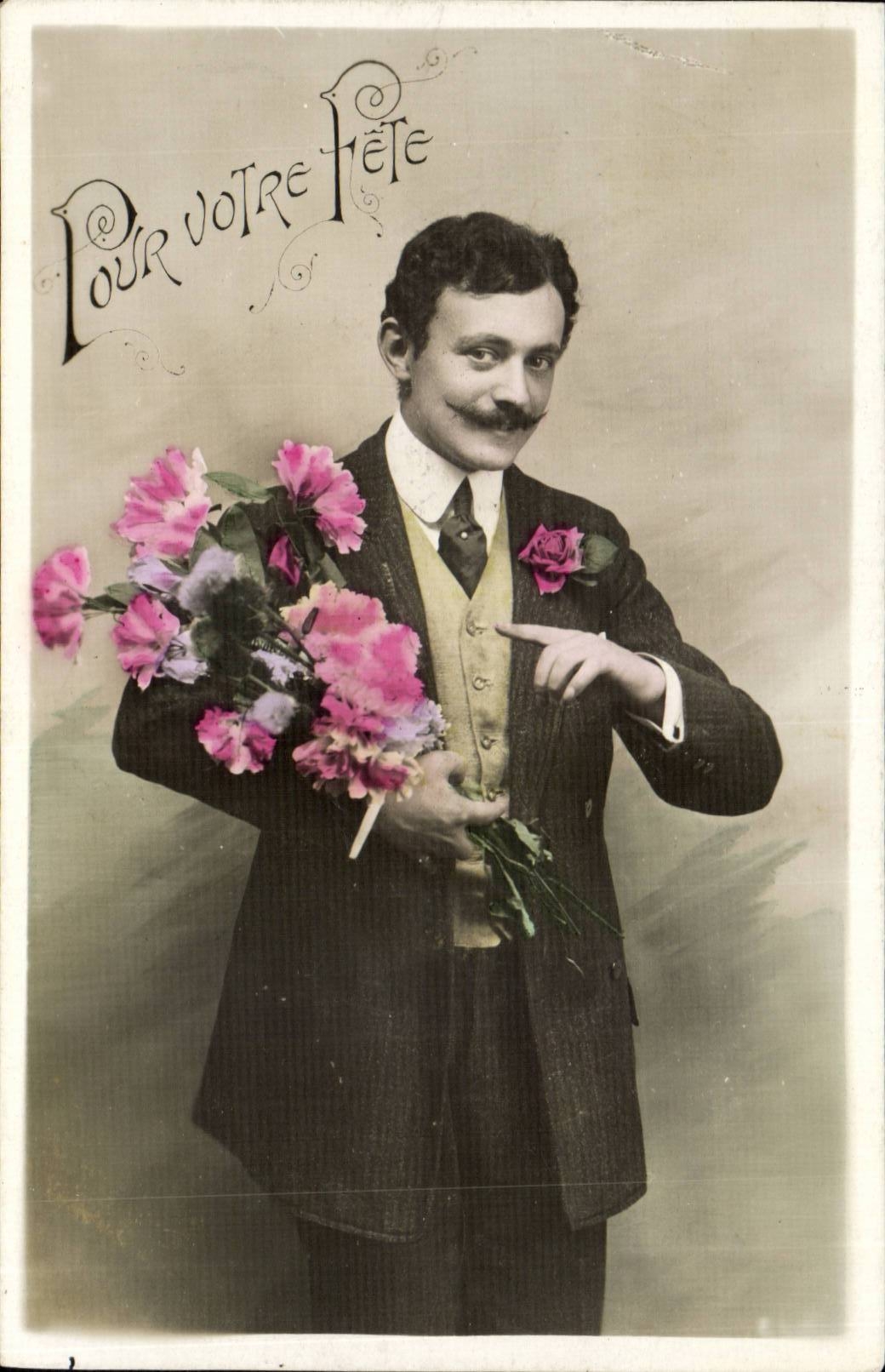 CPA Fantasy Man and flowers For your festival (Renee Mougeot Louvemont)