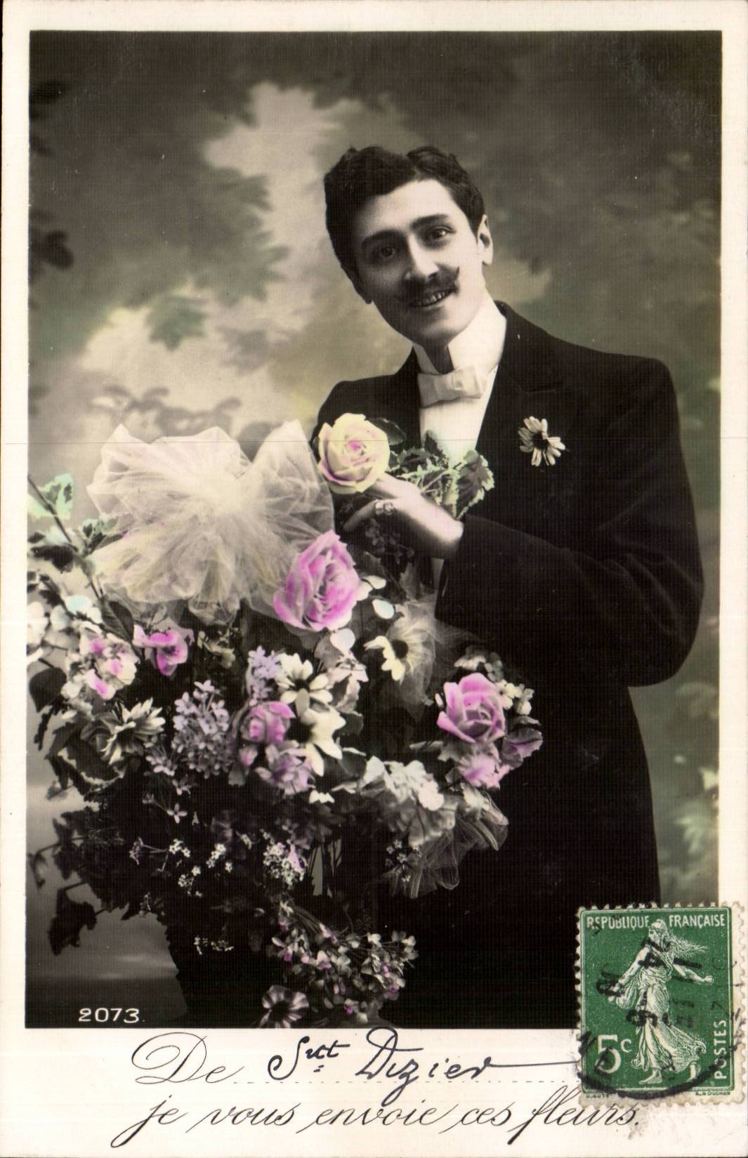 Fantasy - Man - I send these flower to You - Man with has thick mustache - CPA