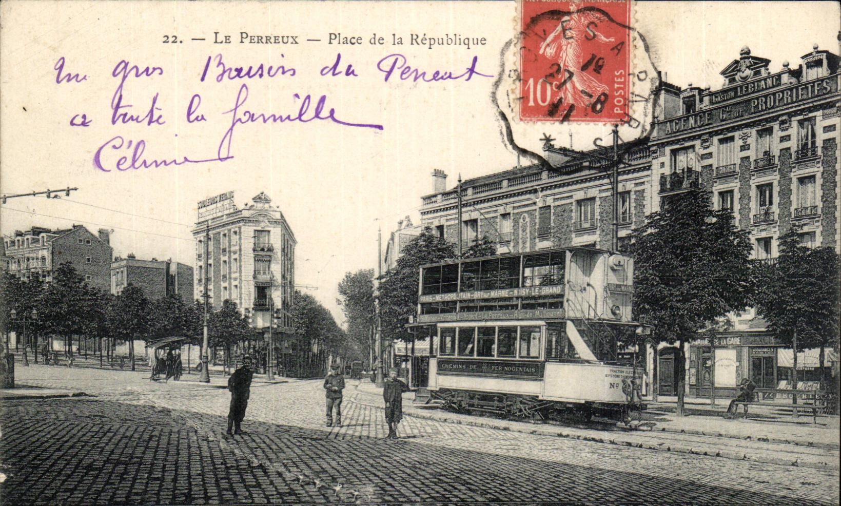 Perreux CPA Places Republic (tram railroads nogentais Noisy the Large one)