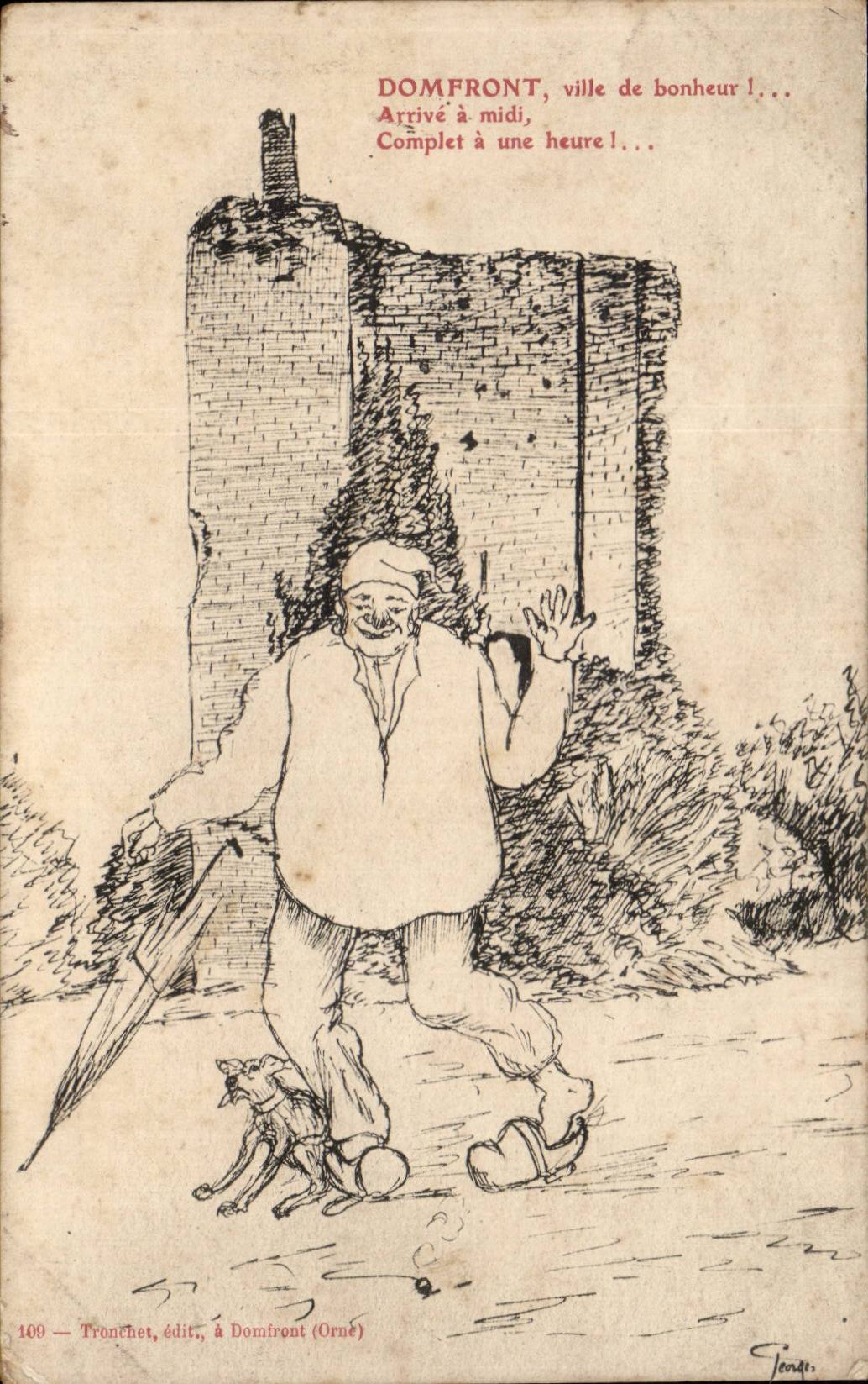 Domfront - town of happiness arrives has Complet midday has one hour - dog - shoes - CPA